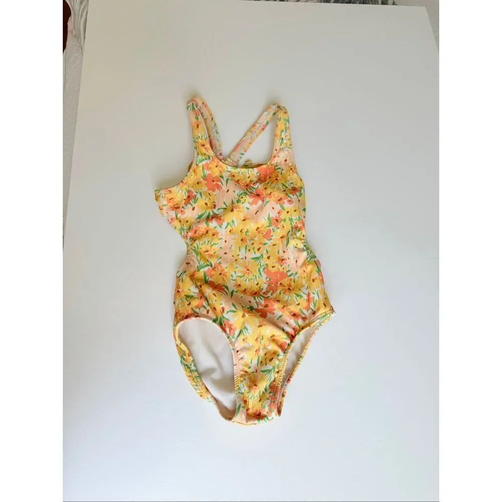 Art Class Girls Yellow Orange Floral Print One Piece Swim Bathingsuit sz 8